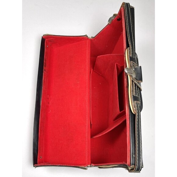 VTG 14"x8"x3.25 Black Faux Leather Hard Side CAMERA CASE Red Corduroy Lining - Picture 3 of 5